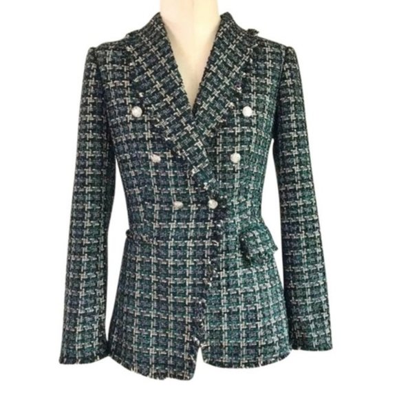 Nwt Rachel Zoe Green Black Tweed Blazer 